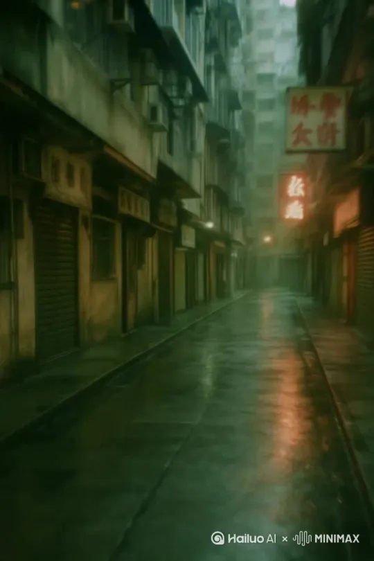 有着20世纪香港风的阴暗潮湿的街道。 by Hailuo AI Video Generator