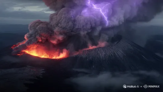 [推出,上升,下摇]
### 🌋 **自然混沌艺术**  
- **火山雷暴二重奏**  
  岩浆喷发触发闪电链，灰云中炸出紫色电光（危险又迷人）  
- **南极冰架崩裂声**  
  次声波转换成的可视化音浪（听地球的心跳）  
- **沙漠「歌唱沙丘」**  
  特殊沙粒滑落时发出52Hz鲸歌（孤独解压） by Hailuo AI Video Generator