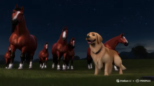 一只金毛犬正在跟一批红色的汗血宝马在聊着什么呢？天空突然飞来一条青龙盘踞在天空之上，星空随之乌云密布，电闪雷鸣把藏在藏在一边的小蛇，吓得瑟瑟发抖， by Hailuo AI Video Generator
