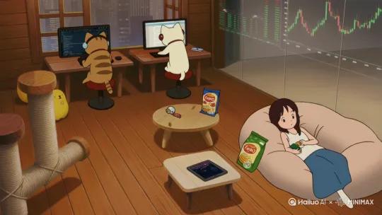 在一个温暖的木质装修房屋里，左侧靠上，一只狸花猫和一只布偶猫，两只猫戴微型猫耳耳机，坐在2台电脑面前敲键盘，两台电脑上一台显示代码，一台显示文档。两台电脑后面的墙上一个窗户，窗户外貌是都市高楼。图片右侧，一个身材苗条、长相好看的年轻女孩儿慵懒地躺在一个豆袋沙发上，手里拿着一袋打开的“人类饲料”，正把里面的能量棒喂进嘴里。女孩面前的小茶几上放着平板，平板朝着女孩的方向。人类女孩背后的墙壁是玻璃材质，上面投影着今日的股票走向。房间的角落里还有一个猫爬架，上面放着2个拉卜卜玩偶。白色布偶猫转头敲击键盘，女孩吃掉能量棒，狸花猫伸出一只爪子指向玻璃屏幕上的股票，转头喵了一声，看向白色布偶猫，白色布偶猫抬头回应了一声 by Hailuo AI Video Generator
