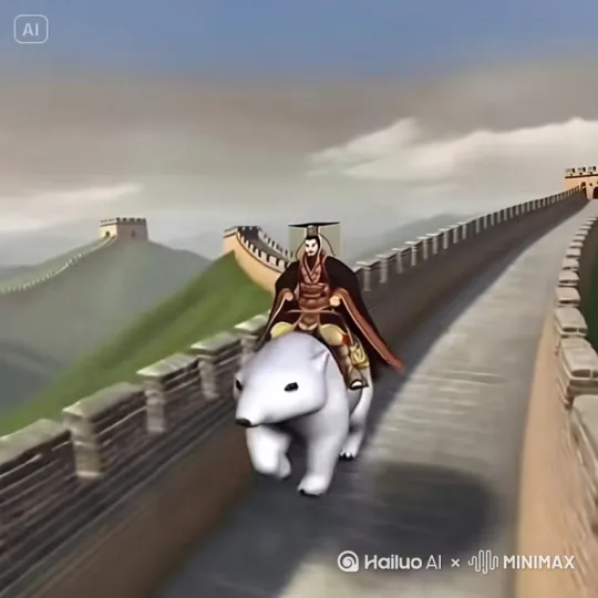 让图中的北极熊载着这个人物在图中的长城上奔跑，不要改变人物或者北极熊的外观，让它跑起来就这么简单 by Hailuo AI Video Generator