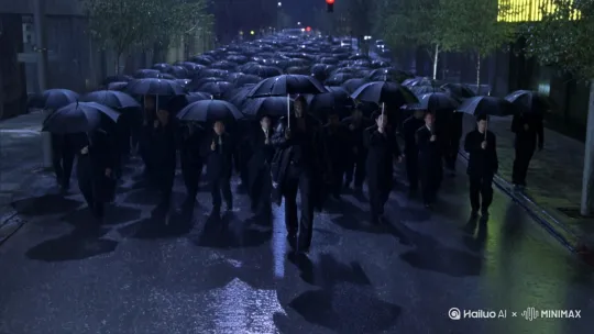 大街上一群人在雨中打着伞由远走近，领头的是一个身高快两米的大汉，充满霸气和杀机。身后一百多个古惑仔矮骡子 by Hailuo AI Video Generator