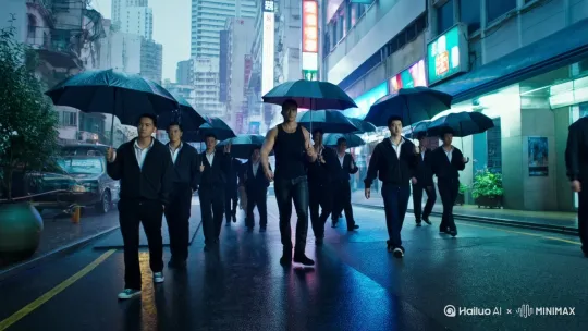 [推进,上升]在中国香港的街头，一群古惑仔在雨中打着伞由远走近，领头的是一个一米八几的肌肉帅哥，身后是一群小弟 by Hailuo AI Video Generator