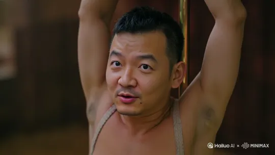 肌肉猛男，穿着三角皮裤在舞台跳钢管舞，欧美酒吧氛围[下降,上摇] by Hailuo AI Video Generator