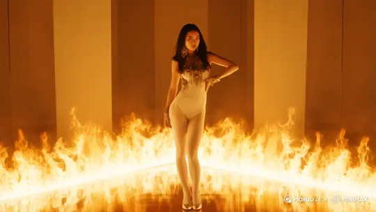 A gorgeous teenage Asian girl wearing white tights is showing off her body curve in front of a mirror. Surrounded by flame, her dressing is like a mysterious, exotic, but avant-garde style with jewelry on it. The camera zooms in slowly as the girl notices there is someone behind the camera and gives a glance. Lense: 50mm F0.85. Epic colour grading, as this shot is a masterpiece, clean Wes Anderson framing, elegant design all over the shot. by Hailuo AI Video Generator