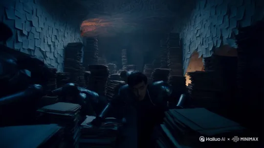 Generate a surreal-style shot: Medieval armor-clad employees struggle to move forward in an office filled with a labyrinth of documents. Suddenly, a gigantic, fire-breathing dragon, representing the boss, emerges behind them. The dragon opens its massive jaws and roars, "Must be done by tonight!" The employees are crushed to their knees by a downpour of falling documents, their faces contorted with fear and despair. The scene is illuminated by fantastical lighting, with office walls covered in twisted file patterns, and the overall color tone is dark and cold to create an oppressive atmosphere. The background audio features low, tense sound effects, along with the dragon's roar and the crashing sound of documents.

There should be epic movie sounding throughout the video by Hailuo AI Video Generator