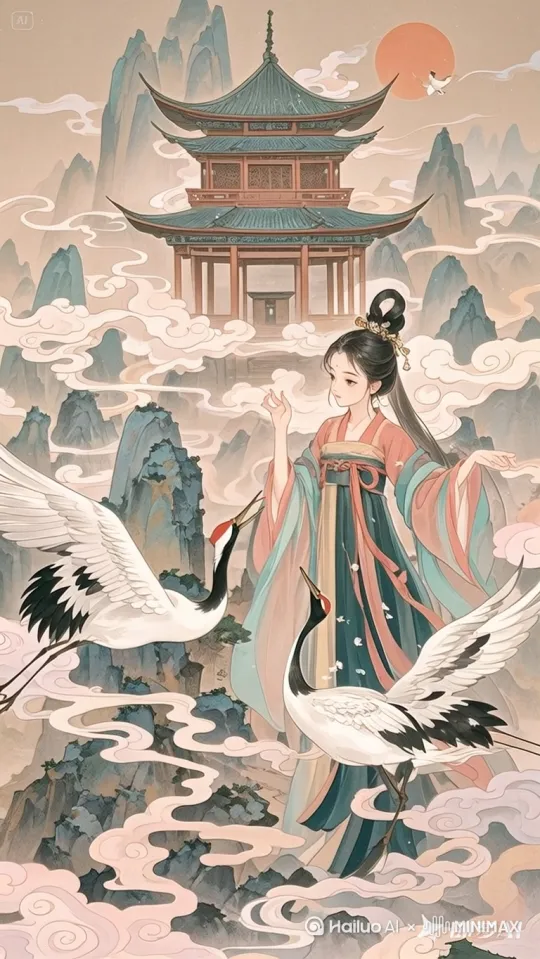 仙境有空中楼阁亭台，少女和仙鹤在翩翩起舞 by Hailuo AI Video Generator