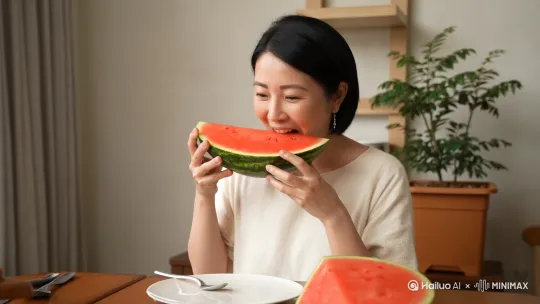 一个人正在吃西瓜，他很高兴开心的笑了，他是一个女的中国人坐在桌子上 by Hailuo AI Video Generator