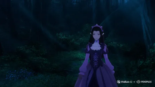 透着淡淡月光的黑森林中，透过树枝的角度下，优雅的贵族少女吸血鬼正在一个人独行，画面切到少女前方，她血红的眼睛微微眯着，特写嘴角勾起了笑容，镜头从少女左摇带出她后面远处黑黢黢的树影中，有的金色头发，身穿猎魔人服饰，年轻人紧张躲在树干后面，望着吸血鬼离开的背影，他犹豫着，最终踏出了一步。 by Hailuo AI Video Generator