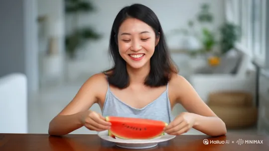 一个人正在吃西瓜，他很高兴开心的笑了，他是一个女的中国人坐在桌子上 by Hailuo AI Video Generator