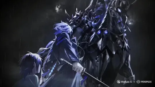 让手里的刀燃烧起蓝色火焰，冒火星[推出,上升,下摇] by Hailuo AI Video Generator
