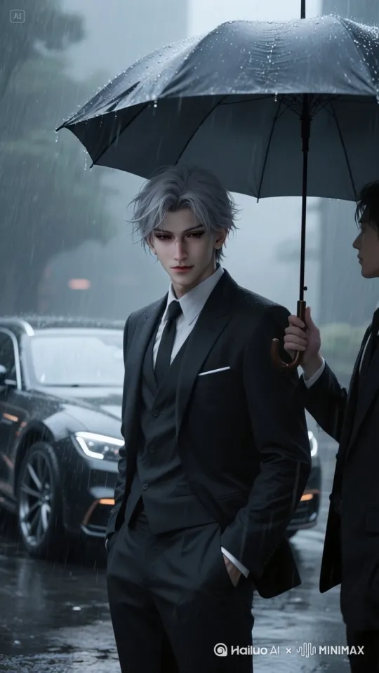 蒙蒙细雨下【右摇，下降】，画面中出现一位冷峻帅气的男士特写，男士脸上眼神坚毅 by Hailuo AI Video Generator