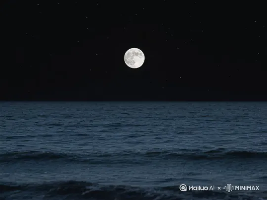 “在宁静的夜晚，一轮明亮的满月高挂在广阔的海面上空。突然，月球开始迅速接近地球，几乎填满整个天空，同时天空越来越暗。随着月亮不断放大至数万倍之大，观众可以清晰地看见月球表面的山脉、环形坑和尘土裂缝，细节纤毫毕现，仿佛触手可及。

随着月球的强大引力逼近，海平面开始剧烈波动，海水如失控般腾空而起，形成巨大的水柱、旋涡和浪潮，被吸向天空，在夜色中划出一道道水蓝色的轨迹。数十亿吨海水像流动的飘带一样飞向月球方向，空气中弥漫着潮湿的水汽和奇异的光辉。

整个场景发生在无风的夜晚，远处仍能看到海岸线的微光和反射在水面上的月影。镜头缓慢推进，仰视视角展现整个月球压顶与海洋腾起的壮观景象。无背景音乐，只有自然的低频隆隆声与水流升腾的细腻细节声，营造出超现实却逼真的视觉奇观。” by Hailuo AI Video Generator