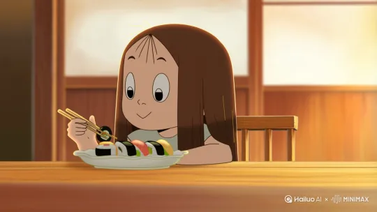 吃寿司的女孩，2d动画[左移,推进,右摇] by Hailuo AI Video Generator