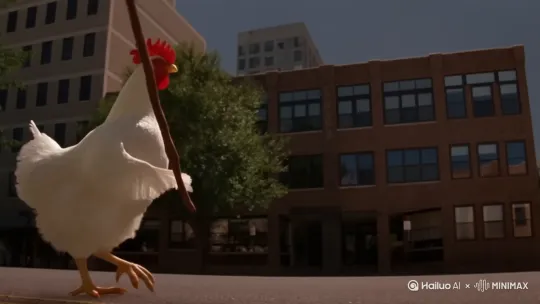 一只鸡拿着魔杖炸发射出绿色的射线毁了一栋楼 by Hailuo AI Video Generator