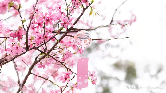 一阵微风，桃花花瓣轻轻的晃动，风铃[右移,左摇,跟随]轻轻地响 by Hailuo AI Video Generator