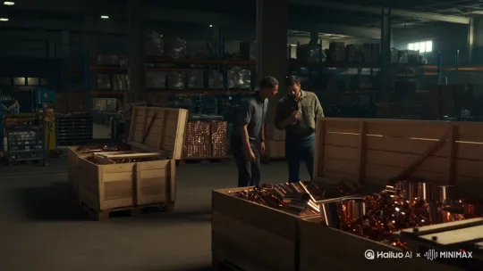 [左移,推进,右摇]一个集团仓库库工与合作公司工作人员合谋盗窃本集团纯铜出口件 by Hailuo AI Video Generator