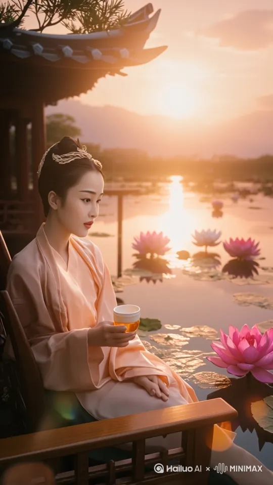 人物愉悦的表情，微风吹拂衣摆[右移,左摇,跟随]，饮酒赏花[拉远,上升,下摇][拉远]，人物晃荡着腿，宋朝风格，古风 by Hailuo AI Video Generator