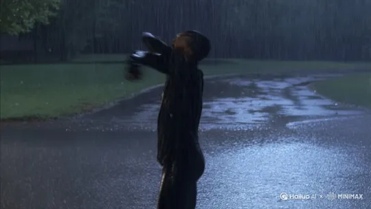 一个身穿黑衣的人在雨中拼命挥拳，然后最后往后侧脸怒视镜头，大约在20秒到30秒之间 by Hailuo AI Video Generator