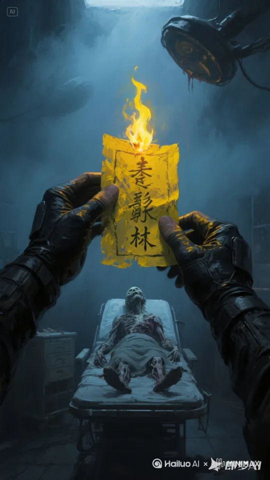将符咒扔向手术台上的丧尸，用火焰将丧尸燃烧起来 by Hailuo AI Video Generator
