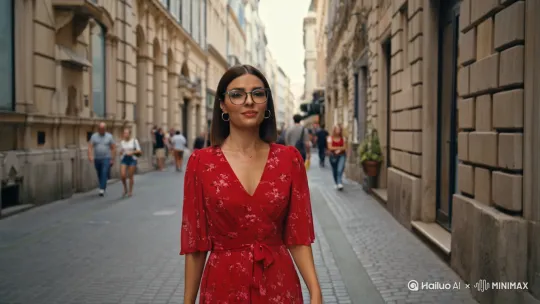 带着时尚眼镜的，穿着红花连衣裙的高挑美女，在欧洲热闹的街头径直向前漫步。镜头由远及近，环绕并跟随人物，定格在背影。 by Hailuo AI Video Generator