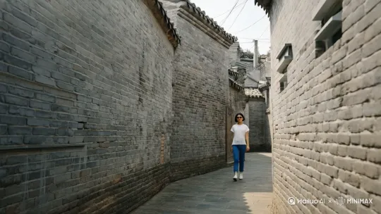 带着墨镜的中国少女，穿着白色T恤、牛仔裤，在80年代的北京胡同漫步。运镜要求：镜头由远及近，环绕并跟随人物，定格在背影。 by Hailuo AI Video Generator