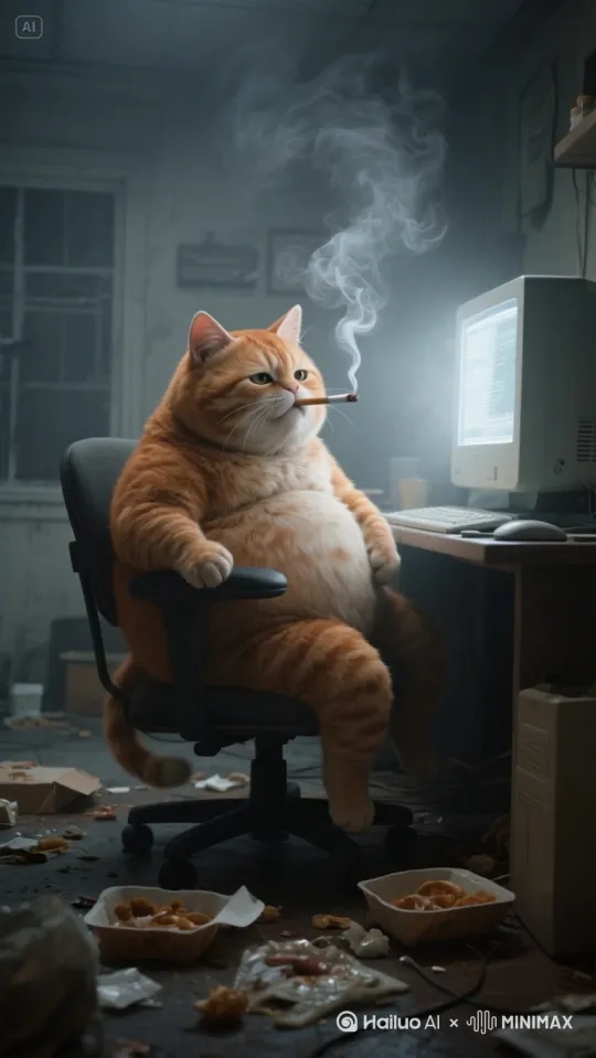 烟气飘动，电脑屏幕灯光闪烁，橘猫的手移动着鼠标，眼睛昏昏欲睡，尾巴摇晃着 by Hailuo AI Video Generator