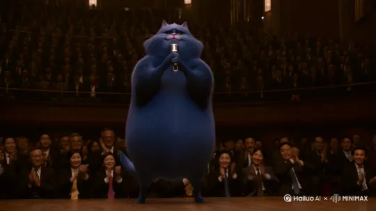 一只蓝色的胖猫手拿话筒唱着李白 下面坐着非常多观众给他鼓掌。 by Hailuo AI Video Generator