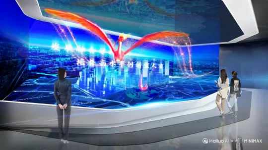 三位观众站在全息屏幕前专注仰望，屏幕中的未来城市逐渐浮现立体投影，红色凤凰飞鸟张开巨大翅膀，展翅翱翔，流动的红色粒子伴随红鸟的翅膀扇动，划破长空，镜头缓缓拉远展现全景科技感。[拉远] by Hailuo AI Video Generator