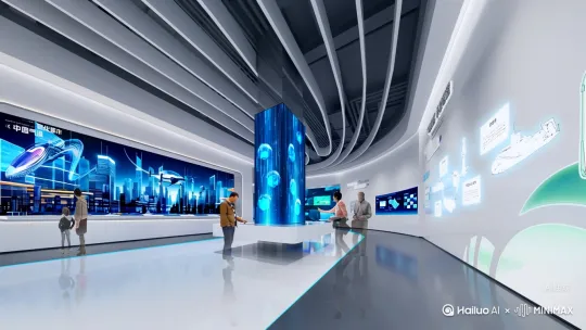 一位男性参观者慢慢走近空间中部的流水瀑布屏，[右移,左摇,跟随]瀑布屏上各种科技数据如流水般自上而下流动，瀑布屏反射出的蓝色灯光在光滑地面上缓缓流动，其他观众驻足抬头观看未来城市展厅的展示内容，围绕主体运镜，展现科技馆的全景。 by Hailuo AI Video Generator