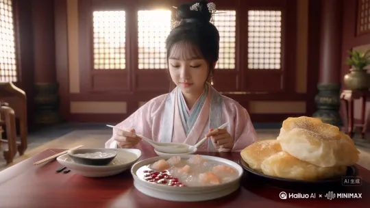 帮我生成：超高清电影质感，8K分辨率，中国古代宫廷风 ASMR 特写镜头。场景设定在清晨宁静雅致的宫殿内，柔和晨光透过雕花木窗。一位年轻貌美的公主（约16-18岁），身着精致华美的丝绸汉服（建议淡雅色调如浅粉、天青），发髻高绾，点缀珍珠簪饰。镜头聚焦于紫檀木矮几上的丰盛早餐：

核心食物 (特写触发)：
一碗热气氤氲的冰糖燕窝羹：晶莹剔透，表面点缀几颗鲜红枸杞。公主正用一把小巧的 白玉勺轻轻舀起一勺，燕窝羹在勺中微微颤动，拉出 细长的、几乎要断裂的晶莹丝线。勺边滑落一滴 饱满的羹液。
一小碟水晶虾饺：半透明饺皮包裹着粉嫩虾仁，隐约可见内馅，表面泛着诱人油光。公主伸出 纤纤玉指（指甲修剪圆润，可能涂有淡色蔻丹），用 象牙筷的尖端 极其轻柔地夹起一只虾饺。虾饺皮 Q弹，在筷尖 微微变形。
    一小块金黄色的酥皮点心：表面撒着芝麻，层层酥皮清晰可见。公主正用 指尖 拈起一小块，酥皮簌簌落下细微碎屑。[右移,跟随] by Hailuo AI Video Generator