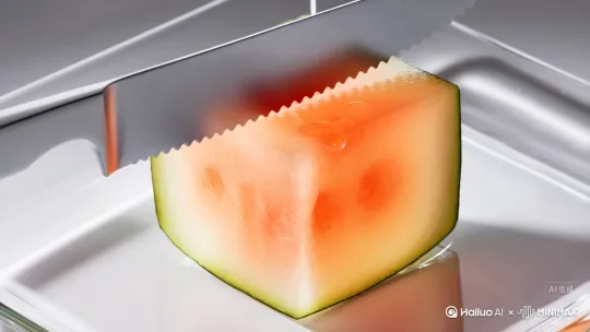 生成一张在3D渲染风格下，超清画质中展现出一颗由果冻材质构成的方形的西瓜，并让它放在一个玻璃盘子里，占据了同面一角，背景清透，三点式摄影布光，漂亮的高光，极致构图，特写，微距摄影，强化细节表现，半透明极简主义。不锈钢餐刀(带锯齿刀刃、金属冷光质感)缓慢切入水果，刀刃下压动作自然，符合物理受力规律，刀身与水果接触位置精准;内部是透明果肉，严格延续外部果肉拼接形态，果肉间由通透胶质连接，切开瞬间胶质微微延展，呈现自然撕裂感;内外均为玻璃般折射光泽，切开面果肉表面有水珠，与外部水珠反光呼应，光影随刀刃切入产生动态渐变(如刀身阴影、果粒反光变化) by Hailuo AI Video Generator