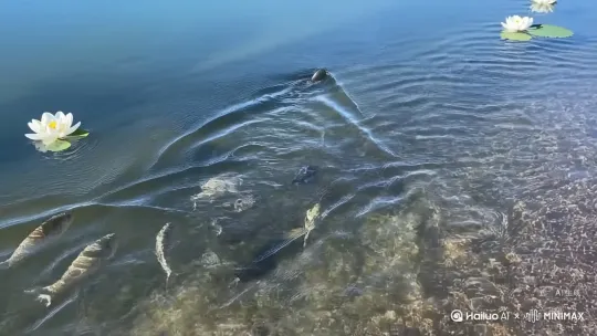 不远处，一条清澈的小溪悠悠流淌，水面上漂浮着几朵洁白的莲花。小鱼在水中自由自在地游弋，时而跃出水面，溅起一朵朵水花。沿着溪流的方向走去，会发现一片宽阔的湖泊，湖水碧蓝如镜，倒映着周围的山峰和天空，美得让人心旷神怡。 by Hailuo AI Video Generator