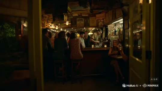 镜头先从昏暗又温馨的小酒馆门口开始，透过玻璃能看到里面暖黄的灯光和热闹的人群，背景音乐是慵懒的爵士乐。然后推门进去，镜头扫过吧台，那里摆满了各种酒瓶，调酒师正专注地摇晃着酒杯。接着转到角落的一张桌子，你坐在那儿，手里拿着一杯酒，微笑着看着窗外的夜景。再切到一个特写，酒杯里的液体微微晃动，倒映着周围的灯光。最后镜头拉远，整个小酒馆的氛围尽收眼底，画面慢慢变暗，出现“周五夜晚，小酒馆的悠闲时光“这样的字幕。要是拍照片的话，就重点抓拍你惬意喝酒的表情，还有小酒馆独特的装饰细节，比如墙上的复古海报、精致的烛台之类的。 by Hailuo AI Video Generator