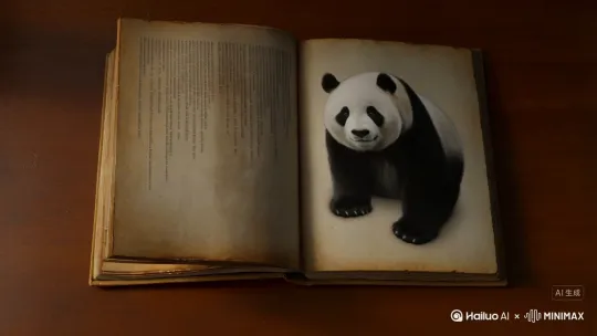 一本翻开的书上先印着一只大熊猫，后熊猫从书上走了出来 by Hailuo AI Video Generator