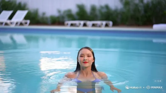 亚洲美女，面容精致，身材性感，泳池出水画面，全身出水，正面镜头，俯身解掉胸部泳衣， by Hailuo AI Video Generator
