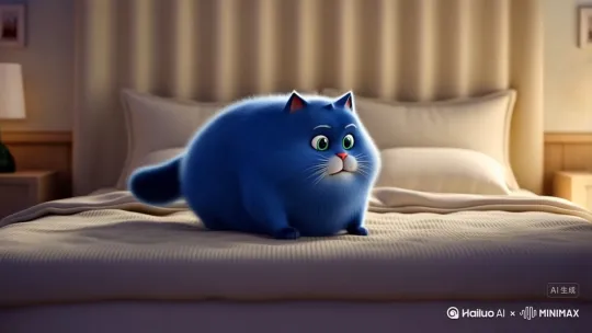 一只蓝色的胖猫在床上起飞大喊我要吃麦当劳 by Hailuo AI Video Generator
