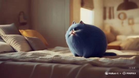 一只蓝色的胖猫在床上起飞大喊我要吃麦当劳 by Hailuo AI Video Generator