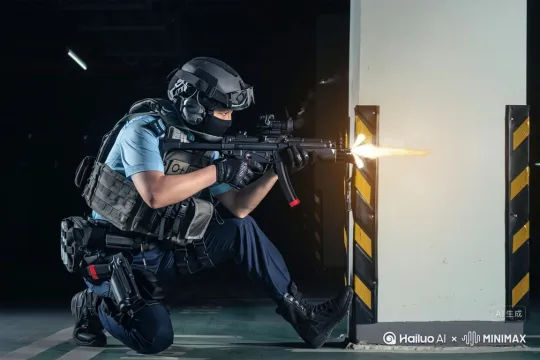 参考给出的图片，生成一部2.39:1电影宽银幕的警匪电影片段，电影质感，运用镜头根据剧情移动，让电影画面整体连贯，富有逻辑。近景呈现人物激烈战斗[固定镜头]，背景是在地铁车站内，一辆地铁从左边往右边快速驶过,旁边白色墙壁上多个地方被子弹打穿[晃动],最后人物在白色墙壁旁边躲避。 by Hailuo AI Video Generator