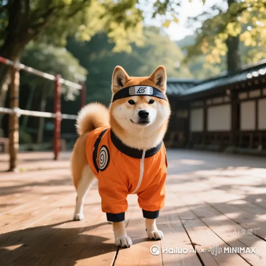 A dog channeling Naruto performs ninja 
techniques. The dog executes Clone Jutsu hand seals with 
golden chakra swirling around its body, showing intense 
focus (0-2s). It crouches low with dust swirling around its 
paws (2-4s), then bursts with energy to create 3-5 
translucent shadow clones in different ninja poses (4-6s). 
All clones vanish in smoke puffs, leaving the original dog
standing confidently (6s). by Hailuo AI Video Generator