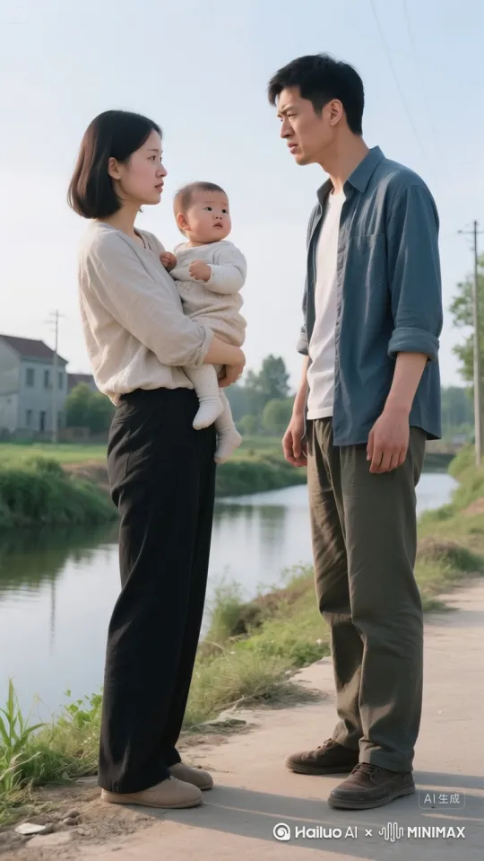 画面主体：身着现代简约服饰的年轻女性，表情决绝且冷厉，将怀中啼哭的幼儿快速推向右侧满脸怒容、眉头紧锁的男性。男性双手僵硬接过孩子，脖颈青筋暴起，嘴角下拉呈明显愤怒神态。
场景环境：河边场景，有道路，整体为现代风格。
动作细节：女性将孩子快速交给右边男性后，扭头跳入河中，在水面上跑步（呈现“轻功水上漂”效果），水面荡起波纹，动作连贯自然。然后画面转到跳上屋顶，在房子上面飞檐走壁！
特效氛围：突出轻功效果，水面波纹真实，整体画面符合现代背景下的轻功演绎。
镜头运镜：（加强优先展现女性递孩子）、跳河、水上跑步和飞檐走壁等动作，镜头切换流畅，突出“轻功水上漂”“飞檐走壁”的核心画面。 by Hailuo AI Video Generator