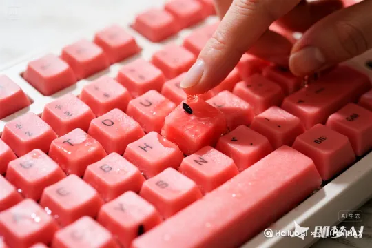 这是一部制作精美的视频，旨在营造一种清甜、多汁且能巧妙触发ASMR（自发性知觉经络反应）的体验。在温暖明亮的自然光线下，超写实的微距镜头聚焦于一个独特的机械键盘，它的每一个键帽都由新鲜多汁的西瓜瓤精心切割制成。键帽表面的粉红色果肉晶莹剔透，黑色的瓜籽点缀其间，汁水在表面形成诱人的光泽。一双纤细优雅的手正在键盘上轻柔移动，有节奏地向下按压这些果肉按键。每一次精准的下按，都会让手指轻微压入柔软湿润的瓜瓤中，甜美的汁液从果肉纤维间缓缓渗出，沿着手指和键帽边缘滴落。光线在湿润的果肉表面折射出诱人的粉红光泽，营造出一种清新甜腻、生机勃勃的夏日氛围。 by Hailuo AI Video Generator