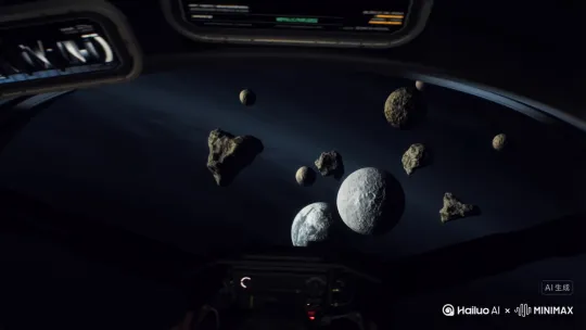 镜头是第一视角，由驾驶在宇宙飞船里的驾驶员开始，固定镜头，前方有多个不规则的行星，不断地穿梭，镜头左移，下降，飞船微侧一旁，然后镜头右移，上升，飞船避开另一侧的行星，但是没避开，镜头晃动，飞船抖动几下，突然驾驶员看到左前方的黑洞，镜头变焦拉远，左环移 by Hailuo AI Video Generator