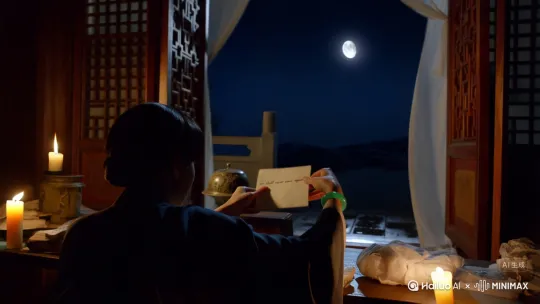 分镜脚本：月下旧笺
场景1：深闺夜月（全景-慢推）
画面：雕花木窗半开，冷月悬于黛色夜空。窗内烛光摇曳，映出女子独坐剪影。夜风拂动素纱帷帐，案头铜漏滴答作响。

音效：风声呜咽，更漏声穿透寂静。

场景2：信笺特写（微距镜头）
画面：枯瘦的手指抚过泛黄信纸（特写纸张毛边与泪渍）。镜头随墨迹游走："蟾宫折桂日...此生不复相见！"最后八字墨色深重，力透纸背。

音效：笔尖刮擦纸张的沙沙声（闪回音效）。

场景3：记忆闪回（冷暖色调对比）
画面（冷色调）：青衫书生立于破败屋檐下（雨丝斜织），屋内传来咳嗽声，窗纸映出佝偻病影。

画面（暖色调）：月光下的花园角落（虚焦处理），两只紧握的手（特写男子指节绷白、女子袖口金线刺绣）。

场景4：玉镯囚光（光影魔术）
画面：月光流过女子腕间碧玉镯（镜头推近），玉色青光突然幻化成锁链形状（特效0.5秒），随即恢复原状。

音效：金属锁链绷紧的铮鸣。

场景5：噬笔成痕（声音特写）
画面：干涸的狼毫笔横置砚台（笔杆密布新旧齿痕）。女子突然咬住笔杆（特写嘴唇颤抖），木屑细微崩裂。

音效：木材被啃噬的"咯吱"声放大十倍。

场景6：月影位移（蒙太奇转场）
画面：窗棂格影从信纸左端移至右端（延时摄影效果），月光照亮信尾日期："景和二十二年仲秋"。

字幕：距三年之约仅余三月

场景7：泪溅决绝字（升格镜头）
画面：一滴泪珠缓慢坠向"此生不复相见"（升格120帧），在触及墨迹前突然悬停（镜头切走）。

音效：泪滴将落未落时的耳鸣声。

场景8：撕信焚心（高潮镜头）
画面：女子猛然抓起信纸欲撕（手臂剧烈抖动），指尖离纸半分时突然僵住。信纸飘落案台，覆住颤抖的手背。

音效：绢帛撕裂声骤起骤停。

场景9：双月同天（超现实结尾）
画面：镜头从窗内女子背影拉远，庭院地面积水倒映出两轮月亮：一轮真实冷月，一轮化作书生清瘦的侧脸（水墨晕染效果）。

字幕：金榜题名日，可照离人归？

关键视觉符号解析
信纸泪痕：三次特写（初展/读至决绝句/结尾飘落），象征思念的腐蚀性

玉镯光效：三次青光流转（戴镯/咬笔/结尾），暗喻门第枷锁的无形重量

齿痕笔杆：贯穿全片的"沉默尖叫"，取代台词传递焦灼

音乐建议
主旋律：古琴泛音（象征月光）混合持续低音大提琴（象征压力）

高潮点：信纸将撕时加入尺八裂帛音

结尾：童声无词哼鸣渐弱至滴水声 by Hailuo AI Video Generator