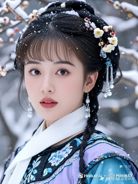 大雪纷飞，女孩对镜头微微一笑。镜头渐渐推远，女孩转身，向满山的梅花林款款走去。 by Hailuo AI Video Generator