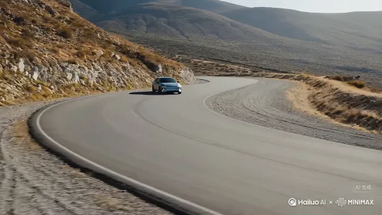 在一个连续弯道的山路上，一辆小米YU7飞驰在道路上，随着一个大角度漂移转入了砂石路面，随车车辆的漂移，车子两侧溅起大量尘土，随着车子的灯光闪烁，汽车从尘土中飞速开出，镜头给到车尾，只见车辆在一条笔直的公路上飞驰而去 by Hailuo AI Video Generator