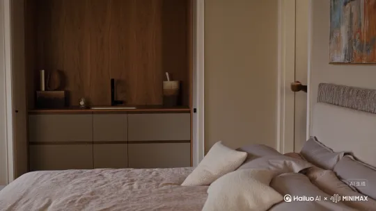 小姐姐上身穿着低胸装，下身穿着黑色的包臀裙，腿上穿着吊带黑丝袜，从卧室走向餐厅，拿着刚充好的咖啡慢慢的品尝 by Hailuo AI Video Generator