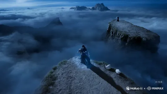 清晨，悬崖顶端，云雾缭绕，远处群山如剑锋般刺破云海，脚下是无尽深渊,晨光斜照，剑客的影子被拉长，风吹动他的衣袍与发丝,周身泛起淡蓝色气劲,真气凝聚​​：体内真气如江河奔涌，衣袍无风自动，脚下碎石因内力震荡而微微浮空。
​​敌人暗示​​,远处山巅，一道黑影伫立，剑锋寒光一闪，锁定剑客，杀意弥漫.远景​​镜头从高空俯瞰，剑客孤身立于悬崖，渺小却气势如虹,特写​​镜头，剑客猛然睁眼，瞳孔收缩，眼中似有剑气流转右手握剑，剑鞘震颤，发出低沉嗡鸣，慢动作​​镜头剑客拔剑的瞬间，剑光如电，真气爆发，冲击波震散周围云雾 by Hailuo AI Video Generator