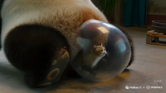 熊猫一屁股挤进猫咪的太空舱猫窝  
- 动作：猫窝被撑成球状，刀疤炸毛狂拍熊猫屁股  
- 台词：  
  **刀疤**（尖声）：“出来！你这黑白煤气罐！”  
  **胖大海**（瓮声瓮气）：“嘤~这蛋挞壳壳…舒服！”  
  *特效：猫窝“砰”地弹飞，刀疤被崩到空中转体三周半* by Hailuo AI Video Generator