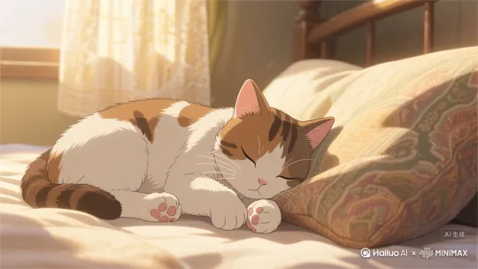 全景拍摄午后小猫蜷缩在织锦靠垫上睡觉，镜头缓慢平移左移，定格猫爪搭在阳光边缘的剪影，整体画面采用暖金色调，晨光柔焦，午后饱和度降低，利用猫咪动作和光影，猫咪缓慢上下摇动尾巴，慵懒氛围 by Hailuo AI Video Generator